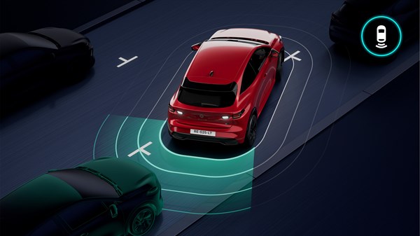 Pogled odozgo na vozilo Renault Clio koje koristi stražnje parkirne senzore za prepoznavanje prepreka i pomoć pri parkiranju.