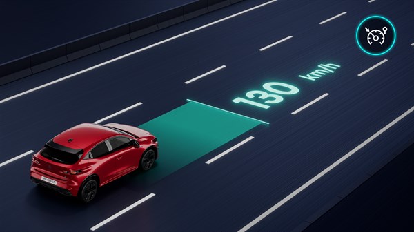 Pogled odozgo na vozilo Renault Clio koje koristi prilagodljivi tempomat za održavanje sigurne udaljenosti i automatsku regulaciju brzine.