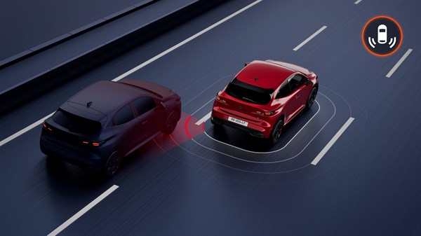 Pogled odozgo na vozilo Renault Clio koje detektira drugo vozilo u mrtvom kutu i aktivira svjetlosno upozorenje u retrovizoru.