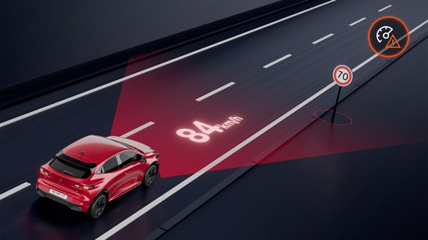 Pogled odozgo na vozilo Renault Clio koje prepoznaje prometni znak s ograničenjem brzine i prikazuje informaciju o brzini na zaslonu.