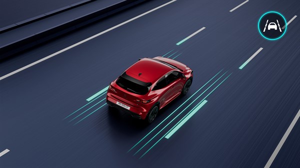 Pogled odozgo na vozilo Renault Clio koje koristi sustav pomoći pri zadržavanju u traci i automatski ispravlja smjer vožnje.