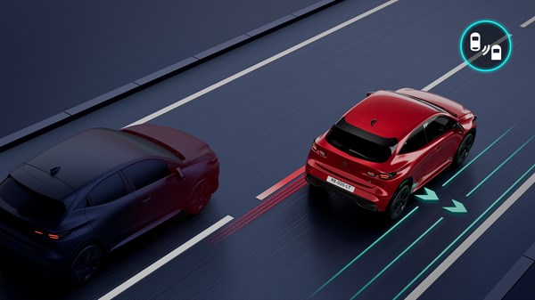 Pogled odozgo na vozilo Renault Clio koje koristi stražnju detekciju i automatsku korekciju putanje radi izbjegavanja sudara s vozilom iza.