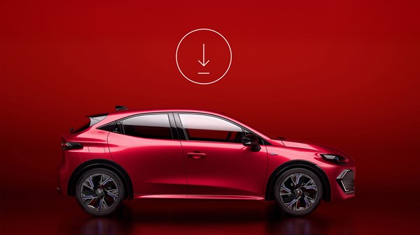 Crveno vozilo Renault Clio prikazano sa strane na crvenoj pozadini s ikonom za preuzimanje iznad.