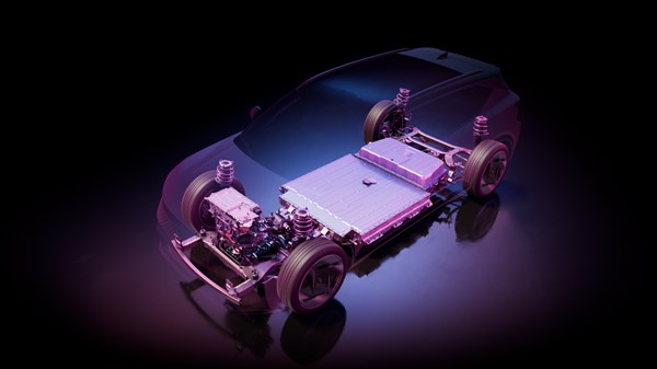 3D prikaz platforme vozila Renault Scenic E-Tech electric s baterijskim sklopom i električnim pogonskim sustavom.