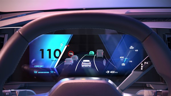 Digitalna instrumentna ploča u vozilu Renault Scenic E-Tech electric s realnim prikazom prometa i informacijama o vožnji.