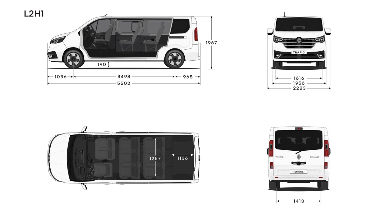 Tehnička skica vozila Renault Trafic Passenger L2 s prikazom dimenzija iz četiri pogleda: bočnog, prednjeg, stražnjeg i pogleda odozgo.