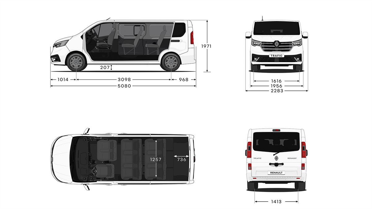 Tehnička skica vozila Renault Trafic Passenger L1 s prikazom dimenzija vozila iz četiri kuta: bočno, sprijeda, straga i odozgo.
