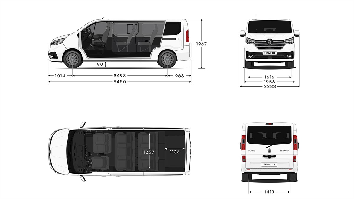 Tehnička skica vozila Renault Trafic Passenger L2 s prikazom dimenzija iz četiri pogleda: bočnog, prednjeg, stražnjeg i pogleda odozgo.