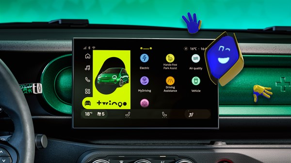 Zaslon multimedijskog sustava u vozilu Renault s otvorenim izbornikom aplikacija i reno avatarom.