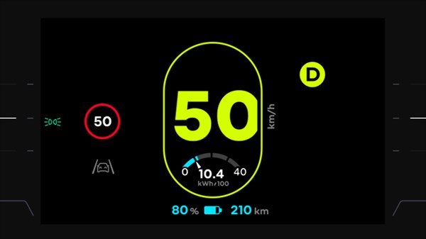 Digitalni zaslon u vozilu Renault Twingo E-Tech electric koji prikazuje trenutačnu i prosječnu potrošnju energije te procijenjeni doseg