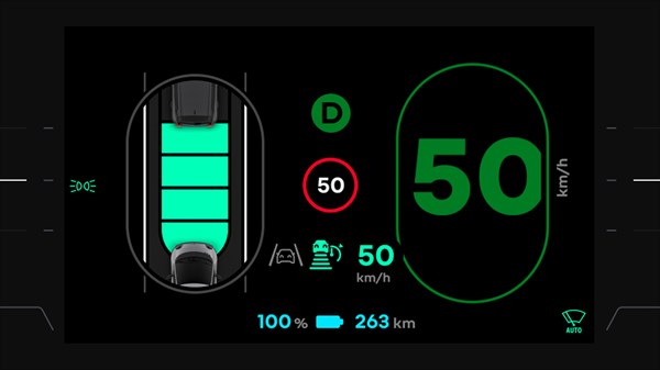 Zaslon u vozilu Renault Twingo E-Tech electric s prikazom sustava za pomoć vozaču i vizualnim prikazom vozila na cesti
