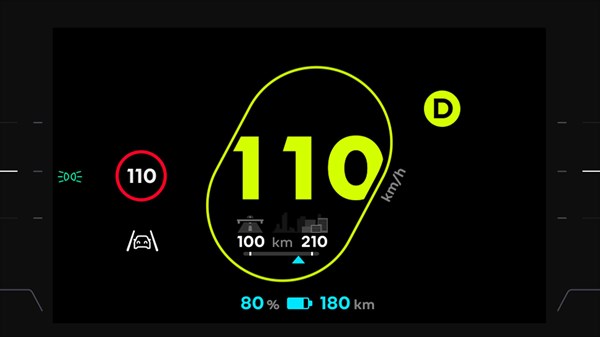 Digitalni zaslon u vozilu Renault Twingo E-Tech electric s prikazom predviđenog dosega vožnje u optimalnim i zahtjevnijim uvjetima