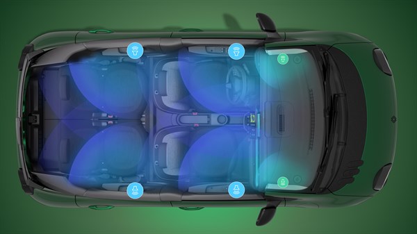 Pogled odozgo na unutrašnjost vozila Renault Twingo E-Tech electric s prikazom rasporeda zvučnika i širenja zvuka u kabini