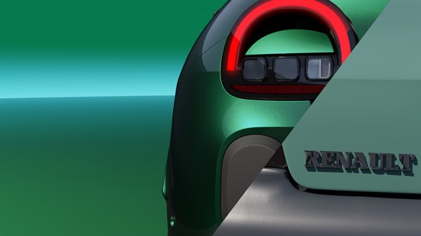 Detalj stražnjeg svjetla na vozilu Renault Twingo E-Tech electric u obliku polumjeseca