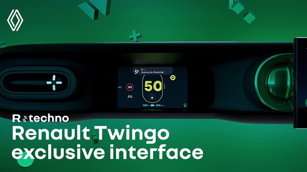 Digitalni zaslon u vozilu Renault Twingo E-Tech electric s razigranim korisničkim sučeljem, animacijama i grafičkim elementima tijekom vožnje i punjenja