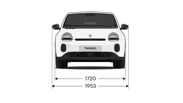 Prednji tehnički prikaz vozila Renault Twingo E-Tech electric s prikazom širine vozila i položaja prednjih svjetala.