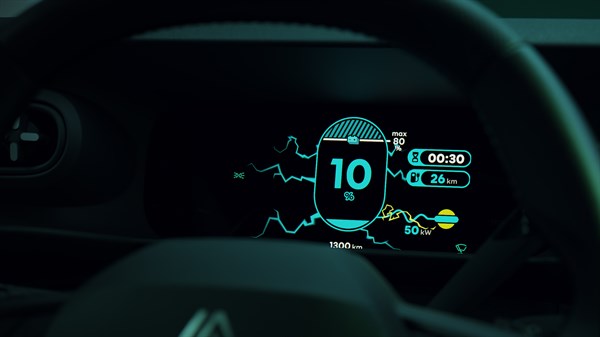 Digitalni zaslon vozila Renault Twingo E-Tech electric s prikazom brzine i dometa