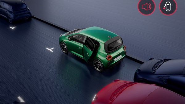 Vozilo Renault Twingo E-Tech electric s prikazom upozorenja na siguran izlazak putnika