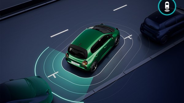 Vozilo Renault Twingo E-Tech electric s aktivnom pomoći pri parkiranju sprijeda, straga i sa strane