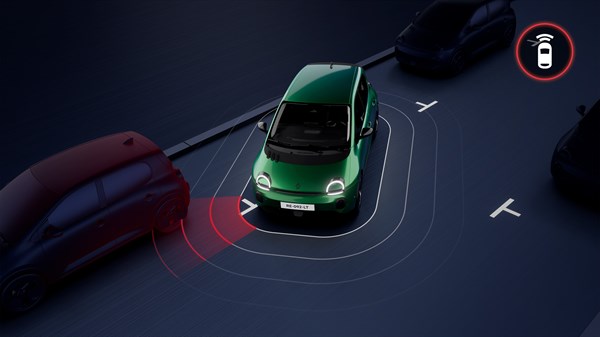Vozilo Renault Twingo E-Tech electric pri parkiranju s aktivnom prednjom pomoći za detekciju prepreka