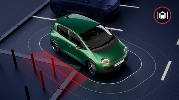 Vozilo Renault Twingo E-Tech electric pri parkiranju uz bočnu detekciju prepreka