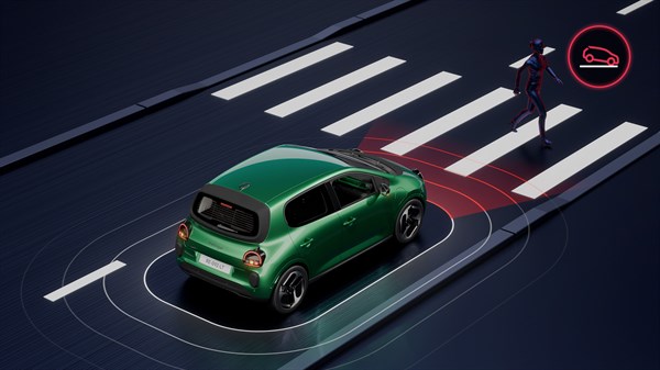 Vozilo Renault Twingo E-Tech electric automatski koči kako bi izbjeglo sudar s pješakom na pješačkom prijelazu