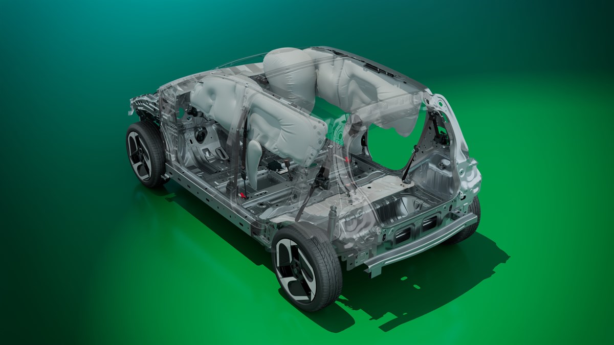 Transparentni prikaz strukture i zračnih jastuka u vozilu Renault Twingo E-Tech electric koji pokazuje pasivne sigurnosne sustave i konstrukciju vozila