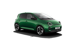 Zeleni Renault Twingo prikazan iz kuta sprijeda na bijeloj pozadini.