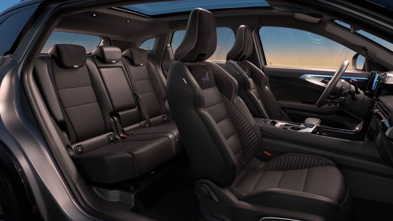 Unutrašnjost vozila Austral full hybrid E-Tech s pet sjedećih mjesta, sportskim sjedalima i panoramskim krovom.