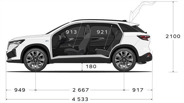 Bočni pogled na vozilo Austral full hybrid E-Tech s prikazanim dimenzijama duljine i visine, uključujući prostor za putnike.

