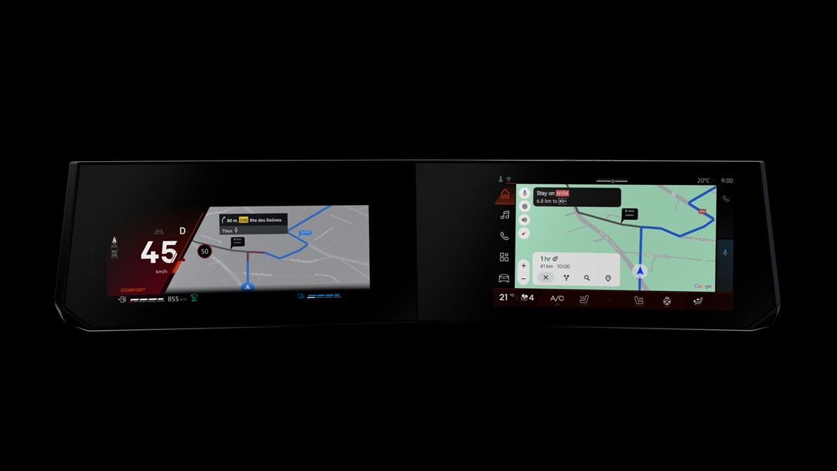 Dva 10-inčna zaslona u vozilu Renault s prikazom digitalne instrumentne ploče i navigacije Google Maps putem sustava openR link.