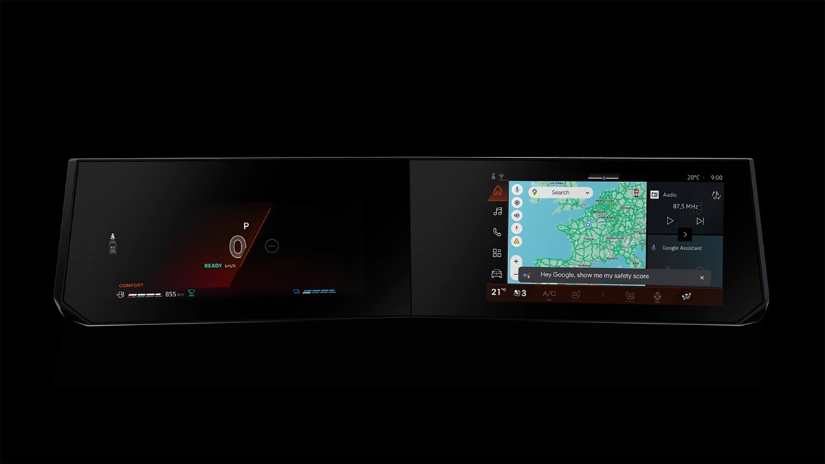 Dva 10-inčna zaslona sustava openR link s prikazom digitalne instrumentne ploče, Google karata i glasovnog upravljanja putem Google Assistant.