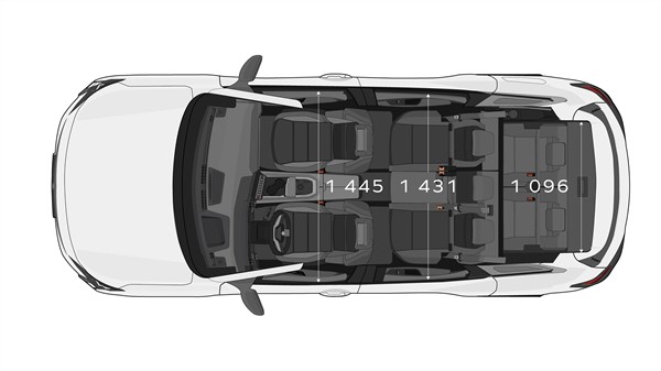 Pogled odozgo na vozilo Renault Espace full hybrid E-Tech s prikazom širine između sjedala u svim redovima.