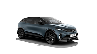 Plavi Renault Meganeprikazan iz kuta sprijeda na bijeloj pozadini.