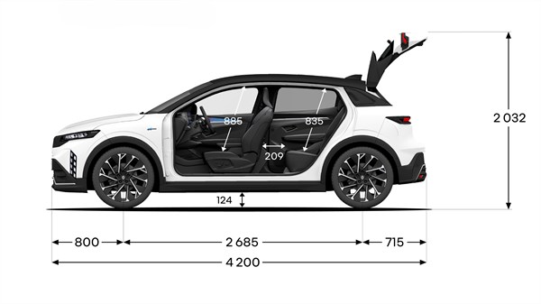 Bočni prikaz dimenzija vozila Renault Megane E-Tech electric s mjerama unutrašnjosti i vanjskih dimenzija.