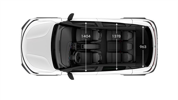 Pogled odozgo na dimenzije unutrašnjosti vozila Renault Megane E-Tech electric.