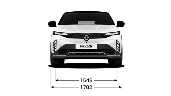 Prednji prikaz dimenzija vozila Renault Megane E-Tech electric.