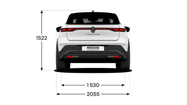 Stražnji prikaz dimenzija vozila Renault Megane E-Tech electric.