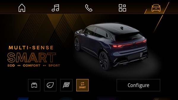 Zaslon sustava Multi-Sense Smart u plavom vozilu Renault Megane E-Tech electric, s prikazanim načinima rada Eco, Comfort i Sport.
