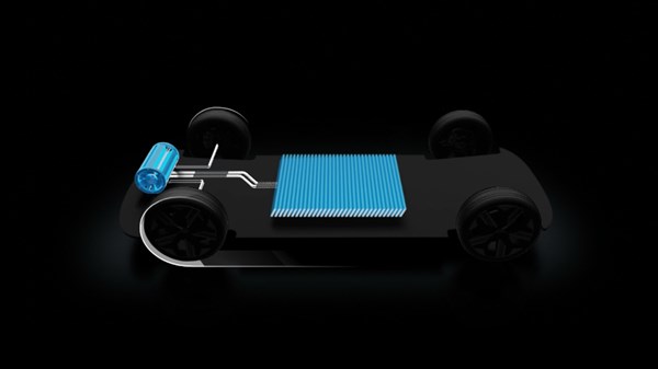 Prikaz električnog pogonskog sklopa plavog vozila Renault Megane E-Tech electric s istaknutom baterijom i električnim motorom.