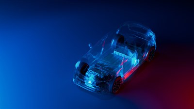 Prozirni prikaz električnog vozila Renault s vidljivom baterijom i pogonskim sklopom na plavo-crvenoj pozadini.