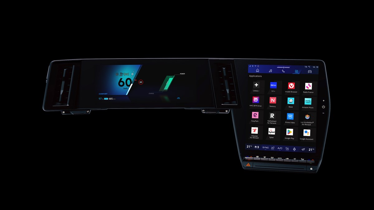 openR multimedijski sustav u Renault Mégane E-Tech electric s prikazom dostupnih aplikacija na središnjem digitalnom zaslonu.