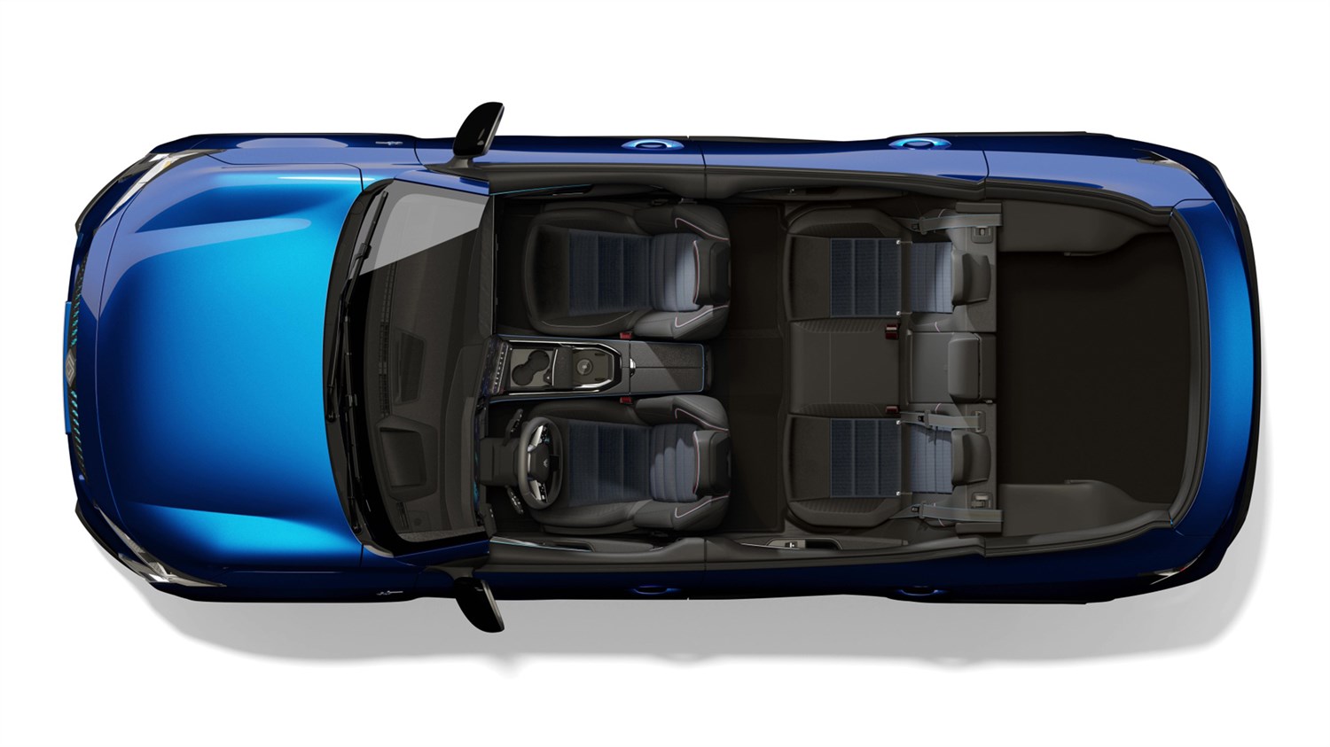 Pogled odozgo na vozilo Rafale E-Tech hybrid s prikazom unutrašnjosti i prtljage, uključujući tri reda sjedala i prostor za kovčege.