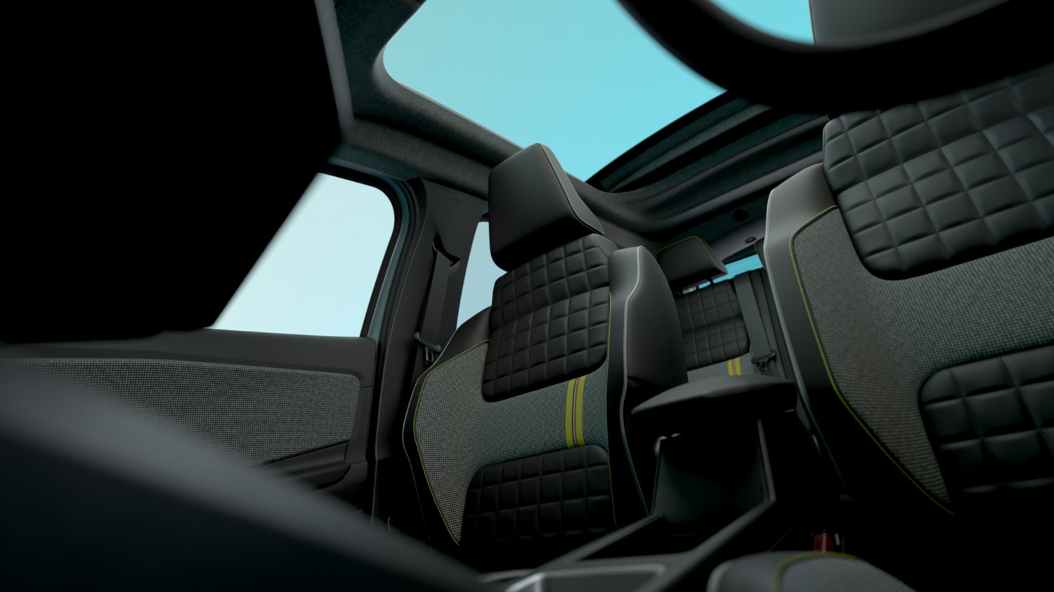 Prednja sjedala Renault 4 E-Tech electric vozila s kontrastnim prošivima i žutim detaljima