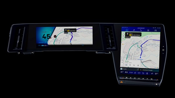 Digitalna instrumentna ploča i središnji zaslon openR sustava u vozilu Renault Scenic prikazuju navigaciju i informacije o vožnji.