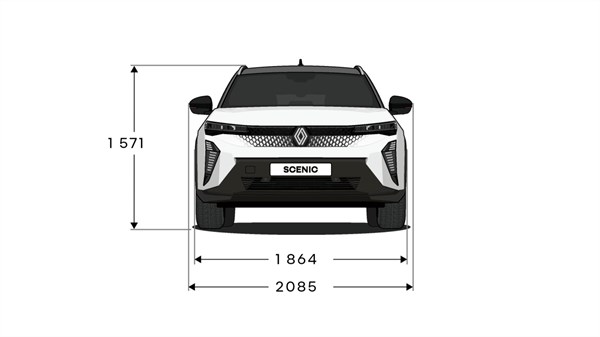 Prednji prikaz Renault Scenica s prikazom visine vozila od 1571 mm i širine od 1864 mm bez, odnosno 2085 mm s retrovizorima.