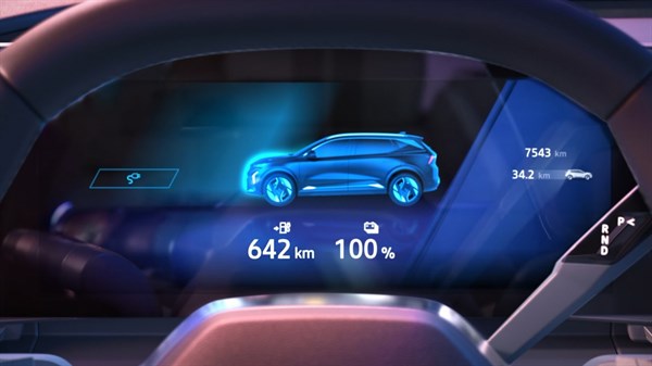 Digitalna instrumentna ploča vozila Renault Scenic prikazuje podatke o električnoj vožnji, uključujući doseg od 642 km, razinu napunjenosti baterije od 100 % i brzinu vozila.