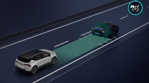 prikaz vozila Renault Scenic E-Tech na cesti uz grafički prikaz sustava pomoći u vožnji i praćenja vozila ispred.