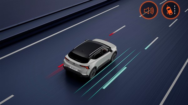 Renault Scenic E-Tech na autocesti uz grafički prikaz sustava pomoći pri zadržavanju vozila u voznom traku.