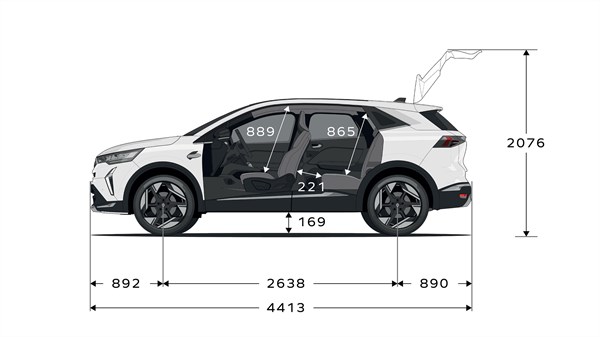 bočni prikaz vozila Renault Symbioz full hybrid E-Tech s prikazanim vanjskim i unutarnjim dimenzijama u milimetrima


